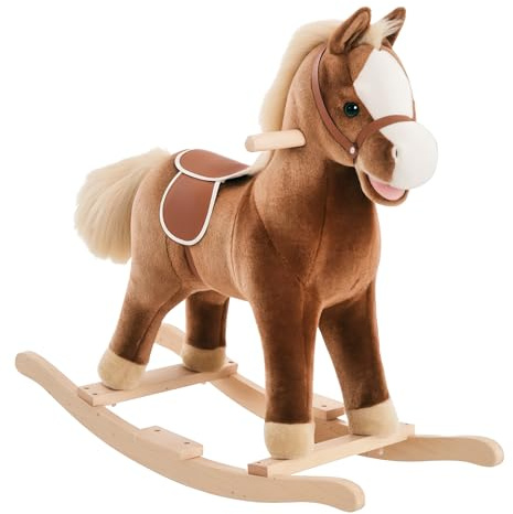 HOMCOM Cavallo a Dondolo per Bambini in Legno, Giocattolo Cavalcabile per Bambini in Peluche, 74x33x62 cm, Marrone