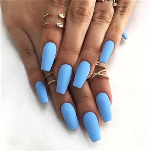 Brishow Coffin Matte Ballerina Acrylic Stick-On Nails - Artificial Full Cover Press-On Set, 24Pcs for Women and Girls (Blue)