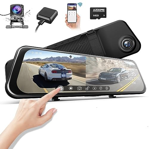 AZDOME PG17 4K 12 Spiegel Dashcam Auto, WiFi Rückspiegelkamera mit wasserdichter 1080P-Rückkamera, 64GB Karte enthalten, WDR-Nachtsicht, GPS, Sprachsteuerung, Fahrassistent
