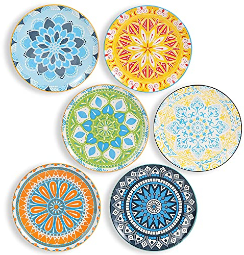 AHX Piatti piatti – Piatto dessert in porcellana – Set di 6 piatti multicolori per insalata | Frutta | Antipasti, Colazione – 20,3 cm