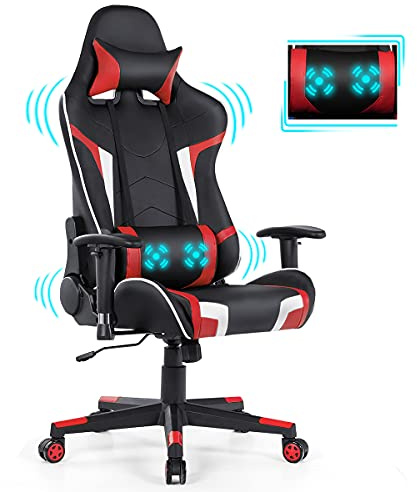 GYMAX Gaming Chair, Massage Gaming Chairs for Adults with Headrest, Lumbar Support & Armrest, Video Computer Reclining Gaming Chair, Office Desk Gamer Task Chair (Red)