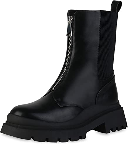 VAN HILL Damen Leicht Gefütterte Stiefeletten Plateau Boots Profil-Sohle Blockabsatz Schuhe 201901 Schwarz 40