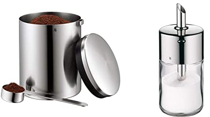 WMF Kult Tee- Kaffeedose für 500g, spülmaschinengeeignet & Barista Zuckerstreuer 240g, Glas, Cromargan Edelstahl poliert, ideal für weißer/brauner Zucker, Kakao oder auch als Gewürzstreuer