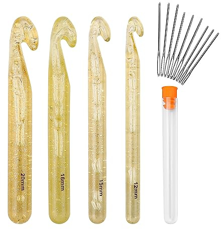 Kristall häkelnadel, JANDH 4 Stück Große Häkelnadel Set, Größen 12 mm 15 mm 18 mm 20 mm Länger Häkelnadeln mit Häkeln Kopf, Ergonomische Comfort Häkelgriff, für Dicke Wolle, Bulky Garn