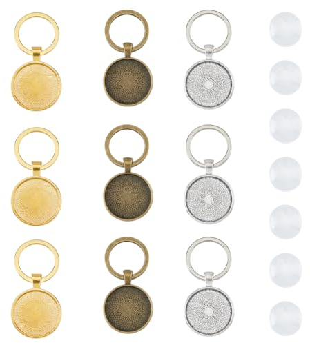 DICOSMETIC 18 ensemble Porte Clés Cabochon 3 couleurs en Alliage Pendentif Cabochon Paramètres Bricolage Dôme Vierge Kit Fabrication Porte Clés pour Résine Photo Artisanat Personnalisé