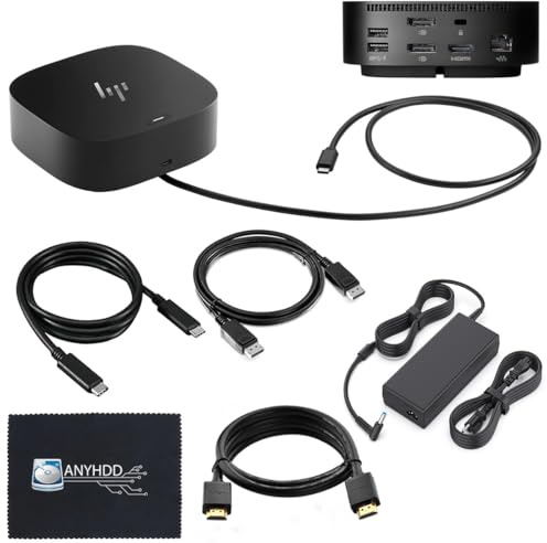 HP Docking Station for Laptop Dual Monitor and Charging Bundle - HP Dock 5TW10AA / 5TW10UT / 5TW10AA#ABB with 120W Adapter + HDMI Cable + DisplayPort Cable + USB-C Cable + Microfiber Cloth (Renewed)