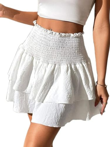 Séviéni Jupe à Volants Femme Élégant Boho Taille Haute Jupe Été Courte Casual, Plage, Fêtes, Festivals de Musique Jupe Court A-Ligne Mini Jupe d'été Sexy Blanc XL