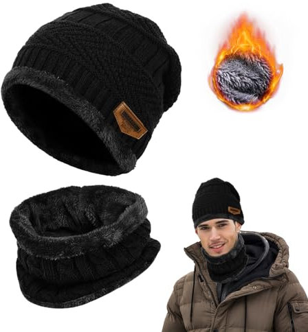 DTXYBC Winter Beanie Mütze Schal Set, Elastische Mütze Mit Rundem Schal, Fleecefutter Warme Wintermütze Für Damen Und Herren, Unisex Für Outdoor Sport (Black)
