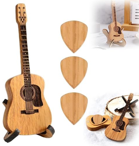 WEKONUMEX Gitarrenplektrenhalter Plektrum Aufbewahrungskoffe Holz-Akustikgitarren-Pick-Box, Holz-Gitarren-Pick-Box, Musiker-graviertes Holz-Plektrum-Etui mit Ständer mit 3 Stück Gitarren-Picks