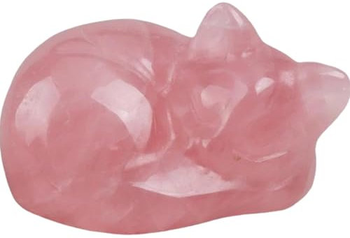 Statua di Gatto in Cristallo Rosa Quarzo da 1,5- Gatto Addormentato Portafortuna Intagliato a Mano - Decorazione Elegante per Casa, Ufficio o Collezione Carina Scolpita Adatto per le Donne