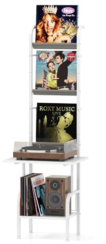 GOPLUS Soporte para Tocadiscos con Almacenamiento de 5 Niveles, Estantería Organizador para Vinilos con Juegos Antivuelco, Soporte para Tocadiscos con 3 Estantes para Discos de Vinilo (Blanco)