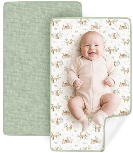 Konssy 2 Pack Waterproof Muslin Cotton Portable Changing Pad 30x 17, Soft & Foldable Baby Changing Mat Travel Pad with Terry Backing, Shower Gift for Newborn Girls Boys (Woodland,Sage)