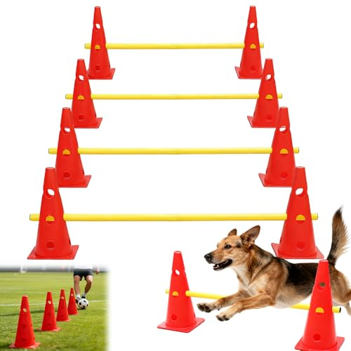 Weciau Steckhürdenset, Agility Set Hunde mit 8 Kegel(32cm) + 4 Stangen(80cm), Cavaletti Hund für Koordinationstraining, Pylonen Hundetraining, Einstellbare Trainingshürden für Hunde Teamsport Fussball