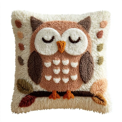 Henypt Latch Hook Cushion Kits Animal Owl DIY Hook and Latch Kit, Crochet Craft Kit for Beginners Home Embroidery Decoration,43X43cm