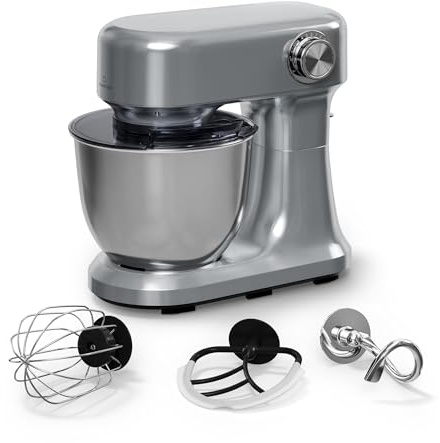 Klarstein Bella Evo Robot Pâtissier 1500W – 5L Bol Inox, 12 Vitesses, Système Planétaire, Pulse, Crochet, Fouet & Batteur, Robot Cuisine Multifonctions, Noir, Argent