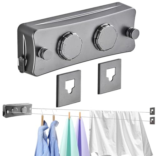 Tendedero extensible, 2 cuerdas de acero inoxidable de 5,1 m, tendedero de pared extensible, botón de tensión ajustable para soporte adicional, diseño antisag, adecuado para balcón, cuarto de lavado