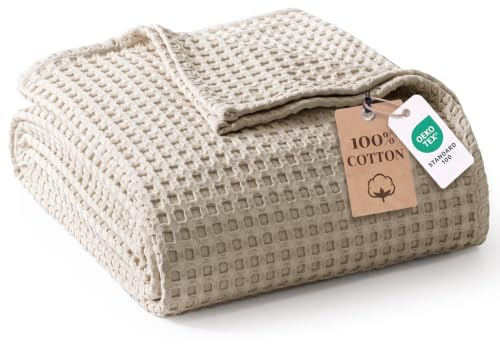 Exclusivo Mezcla Pre-Washed 100% Cotton Waffle Throw Blanket for Sofa, 330GSM Lightweight Breathable Summer Blankets, Soft and Cozy, Room Decor, Khaki, 130x150 CM