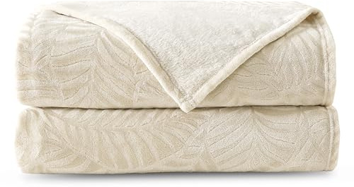 SOCHOW Leaves Textured Flannel Fleece Throw Blanket 127 x 150cm, Linen