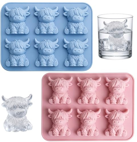 2er Set, Blaue und Rosa Formen - Hochlandrind Eiswürfelform, Silikon Mini Eiswürfelformen für Whisky und Cocktails, Lustige Tier Eiswürfel für Partys und Geschenke, mit Einfacher Entnahme