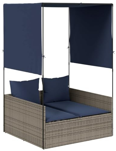 WRJENFSC Doppel-Sonnenliege mit Dach und Vorhängen, Sonneninsel aus Polyrattan, Gartenliege für Zwei Personen, Outdoor Lounge-Möbel, Grau, Inkl. Polster, 118x110x187 cm