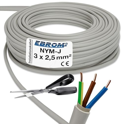 EBROM - Cable eléctrico con funda NYM-J 3 x 2,5 mm² Gris Vendido por metro (por ejemplo, 5 m, 10 m, 15 m, 18 m, 20 m, 25 m, 50 m, etc.)