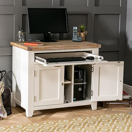 The Furniture Market Cheshire Cream Painted Hideaway Desk with Limed Oak Top, Compact Home Office Desk with Pull-Out Keyboard Shelf, Storage Cupboards, and Printer Shelf - H 785mm x W 910mm x D 555mm