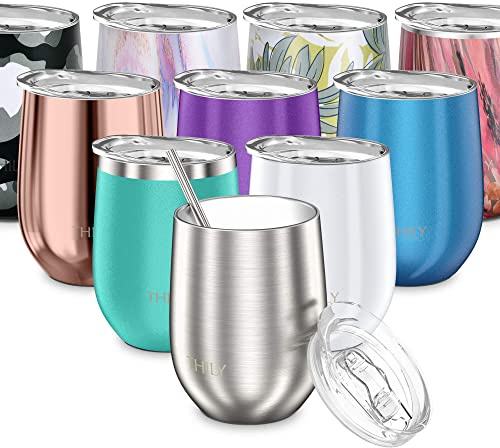 THILY Metal Stemless Insulated Wine Glass T1 Triple-Insulated Stainless Steel Wine Tumbler with Lid and Straw, Reusable, Keep Cold & Hot for Wine, Coffee, Drinks, Champagne, Beverage, Silver