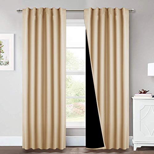 NICETOWN Thermal Insulated 100% Blackout Curtains, Multi-Function Noise Reducing Drapes with Black Lining, Full Light Blocking Drapery Panels for Patio (Biscotti Beige, 2 PCs, 52 inches x 95 inches)