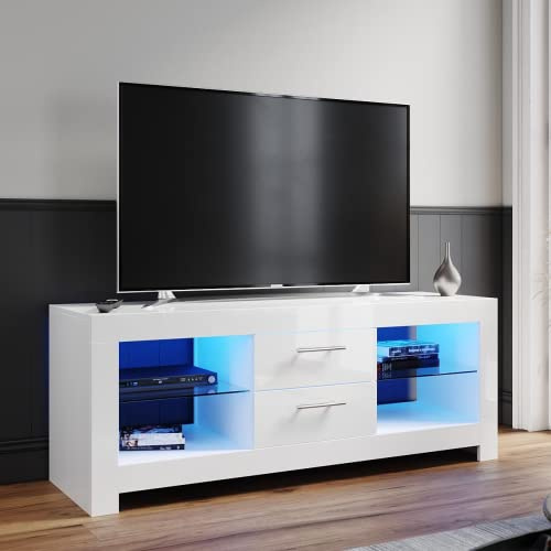 ELEGANT 1300mm Modern High gloss TV Stand Cabinet with LED Light for 22-52 Flat Screen 4k TVs/Living Room Bedroom Furniture TV Cabinet with Shelves and Drawers for Media Storage,White