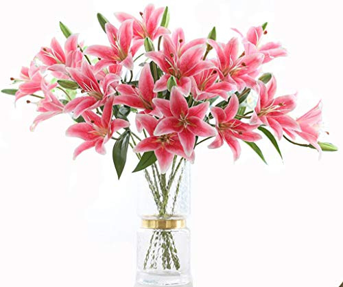 LNHOMY 6 Pack Artificial Lily Flowers Full Bloom Fake Latex Real Touch Artificial Flower Bouquets with 3 Heads Wedding Party Decor Home Décor (Rose Pink)
