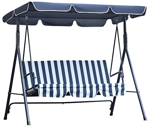 Outsunny 3 Seater Garden Swing Chair with Adjustable Tilting Canopy, Outdoor Hammock Bench with Steel Frame, Padded Seat for Patio Yard Outside, Blue