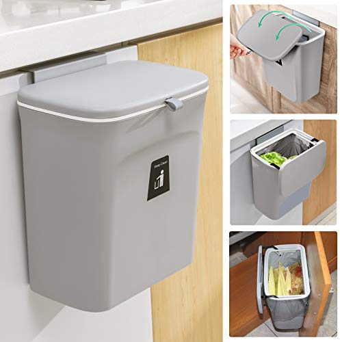 Tiyafuro None Brand 2.4 Gallon Kitchen Compost Bin for Counter Top or Under Sink, Hanging Small Trash Can with Lid for Cupboard/Bathroom/Bedroom/Office/Camping, Mountable Indoor Compost Bucket, Gray