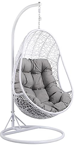 Yaheetech Hammock Chair Rattan Swing Chair, Hammock Chair Garden Swing Chair Patio Hanging Chair Indoor/Outdoor with Soft Cushion Armrest Design White