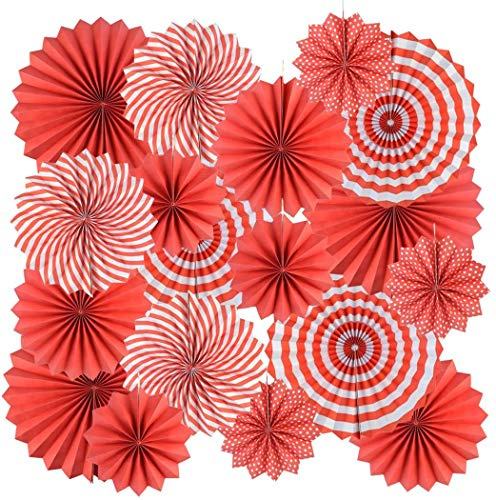 ANCLLO Set di 12 ventagli di carta da appendere per feste, motivo rotondo, decorazione per compleanni, matrimoni, lauree, eventi, colore: rosso