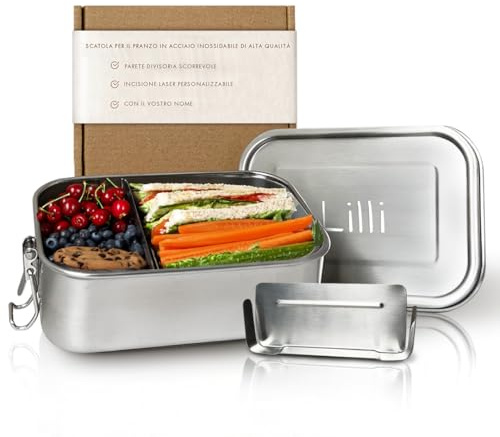 LOOXIS Boîte à déjeuner en acier inoxydable avec gravure au laser, avec séparation et joint d'étanchéité - Boîte à sandwich avec nom gravé (L, acier inoxydable)