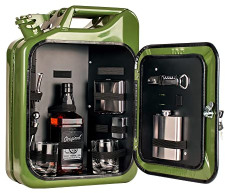 AMAVEL Kanister Bar 20 l, Bestückt, Grüner Benzinkanister Minibar mit 8-teiligem Zubehör-Set, Barschrank inkl. 2 Gläsern und Flaschenhalter, Mini Bar Set