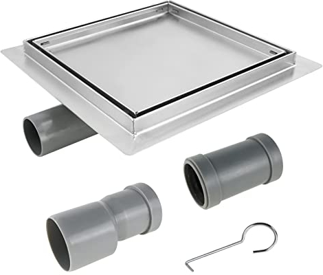 Bernkot Canalina per doccia quadrata 20 x 20 cm, sifone a 360° con antiodore e setaccio per capelli 2 in 1, grondaia di drenaggio in acciaio inox molto piatto DN50 DN40