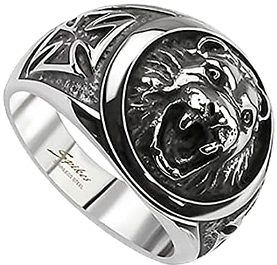 Taffstyle Herren Ring Edelstahl Massiv Breit Herrenring Männer Biker Rocker 3D Löwenkopf Cross Kreuz Löwe König Siegelring Silber Größe 68 (21.6)