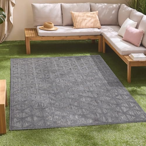 carpet city In-& Outdoor Teppich - 140x200 cm - für Innen-& Außenbereich - Wetterfest Balkon-Teppich, Terrasse, Flur, Küche - Wohnzimmer-Teppiche - Hochtief/ 3D-Effekt - Geo-Muster in Anthrazit