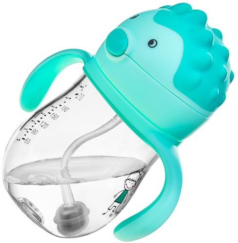 Akuku Set Trinklernflasche + 2 Strohhalme für Baby, BPA-frei, Tritan, auslaufsicherer 250 ml, Trinklernbecher aus Tritan und Silikon,Auslaufbecher für Säuglinge Kinder, Strohhalmbecher grün,CE, Igel
