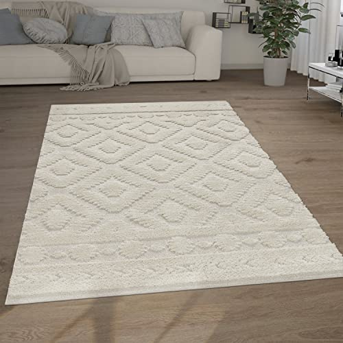 Tapis à Poils Longs Salon Shaggy 3D Look Ethno Boho Vintage Soft, Taille : 160 x 220 cm, Couleur : Crème 8