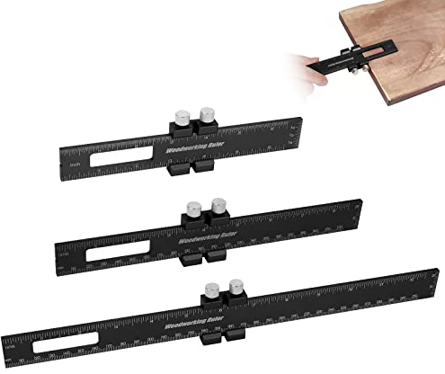 Präzisions-Taschenlineal für die Holzbearbeitung,12, 8, 6 Zoll Messlineale für die Holzbearbeitung, quadratisches Messlineal, T-Typ-Ritzlineal Engineer Scale Lineal mit Slide Stops (Schwarz)