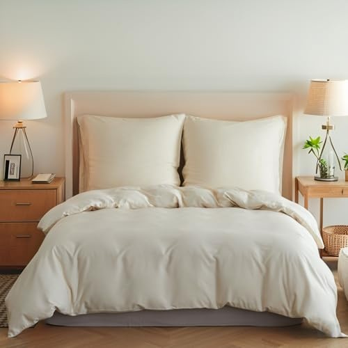 Simple&Opulence Bambus Bettwäsche 220x240 cm, Seidiger und weicher Bettbezug Kühle Bettwäsche-Set Perfekt für Haut und Haar mit 2 Kissenbezüge 80x80 cm, Beige