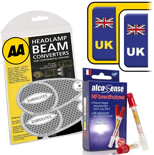 AlcoSense European Travel Kit inc NF Breathalysers + UK Stickers + AA Eurolites Headlight Deflectors for Europe | Car & Motorhome Parts for Car Trips in France, UK Number Plate GB Stickers for Europe