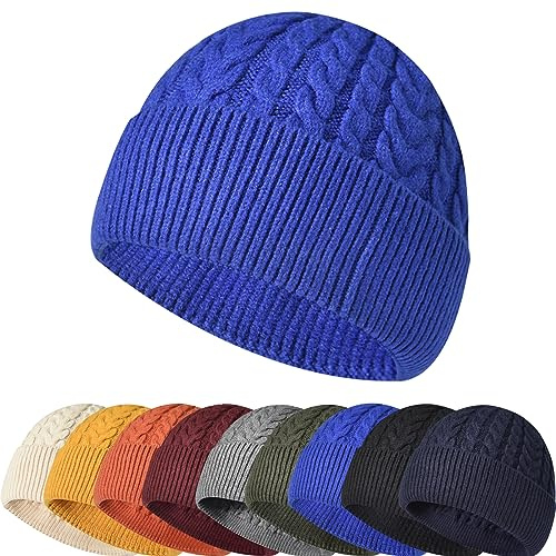 Enwokran Stickad mössa för män, unisex termisk mjuk fiskare trawler mössa mössa kant skalle keps för utomhussport, BLÅ, one size