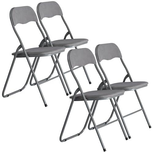 URBNLIVING Set mit 4 x Klappstühlen, für Esszimmer, Büro, industriell, gepolstert, strapazierfähig, Premium-Qualität, Metallrahmen, PVC, Samt, gerippt, gepolsterte Sitze (hellgraue Rippschnur)
