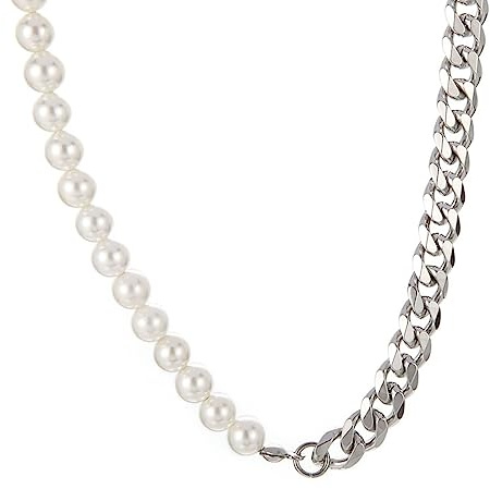 Mesnt Ketten Für Frauen, Edelstahl Perle und Kandare Kette Halskette 50cm für Frauen Silber
