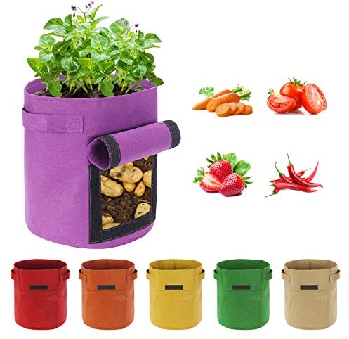 Kartoffel Pflanzsack 6 Stück 7 Gallonen Kartoffel Pflanzsack, 25 L Pflanztaschen mit Sichtbarer Klappe und Griffen, Mehrfarbig Garten Pflanzbeutel für Gemüse, Kartoffel, Tomaten (7 Gallone, 25 L)