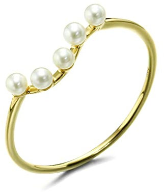 Lieson Trauringe Damen, Gelbgold Ring Damen 18K Dünn Welle mit Perlen Ring Verlobung Gelbgold Gr. 58 (18.5)