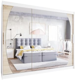 Easy4You L5 250 cm Weiß/Sonoma Schiebetüren Kleiderschrank 250x215x58 cm mit Spiegel - Schlafzimmermöbel, Aufbewahrung - Mehrzweckschrank